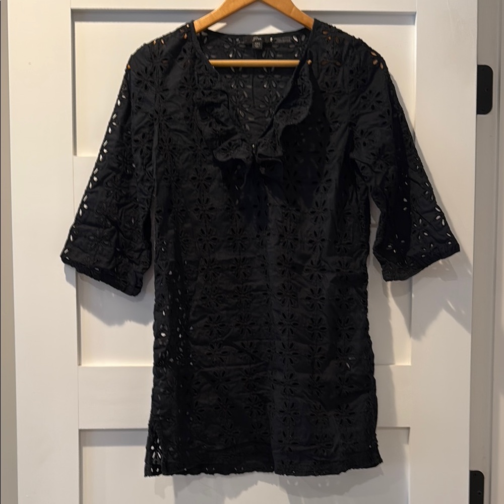 J Crew Ruffled beach tunic in laser-cut eyelet - Black XXS